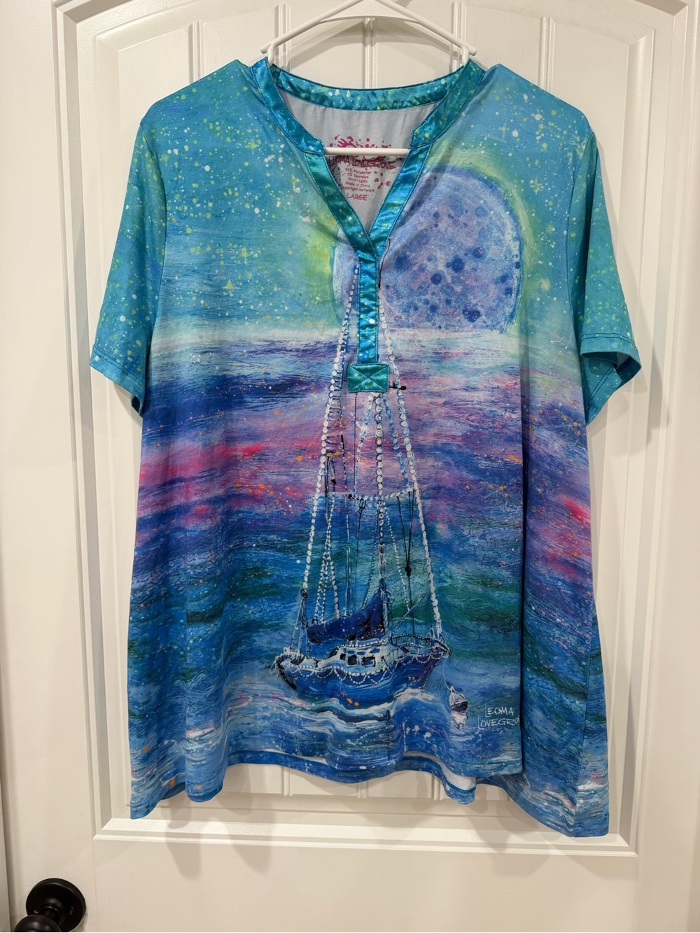 EUC Women's Blue Nautical Sailboat Graphic Blouse